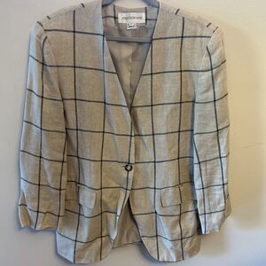 Vintage Jones Of New York Women’s Linen Blazer Size 14: Navy Green Window Pane